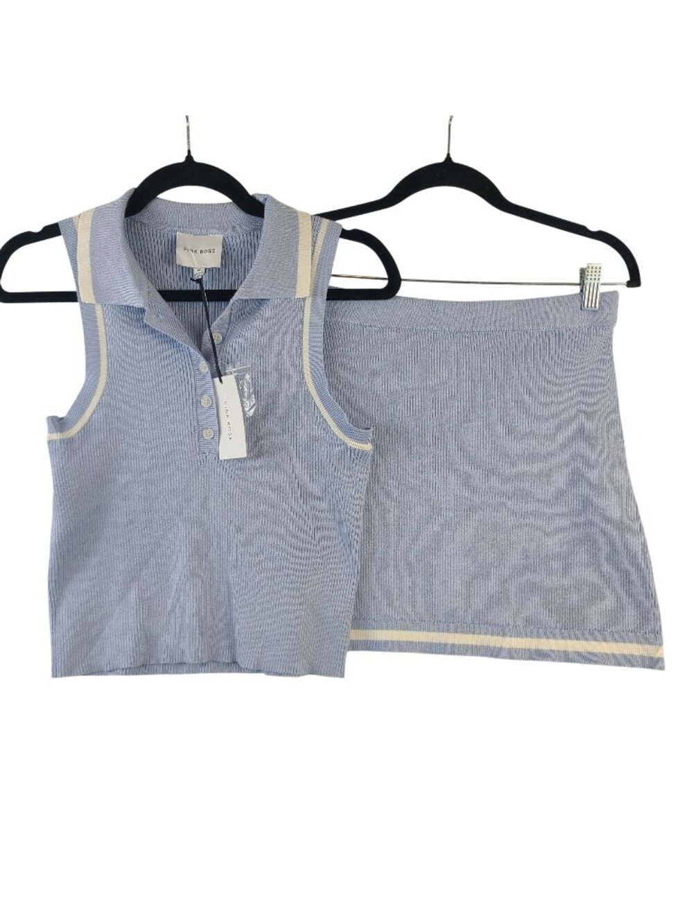 NEW Pink Rose Blue & Cream Ribbed Knit Sleeveless Top & Skirt Set Size M